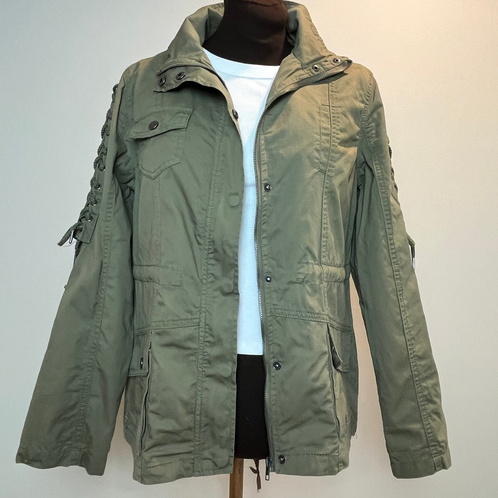 Liquid X Womens Olive Green Utility Military Jacket Lace Up Sleeve Size M